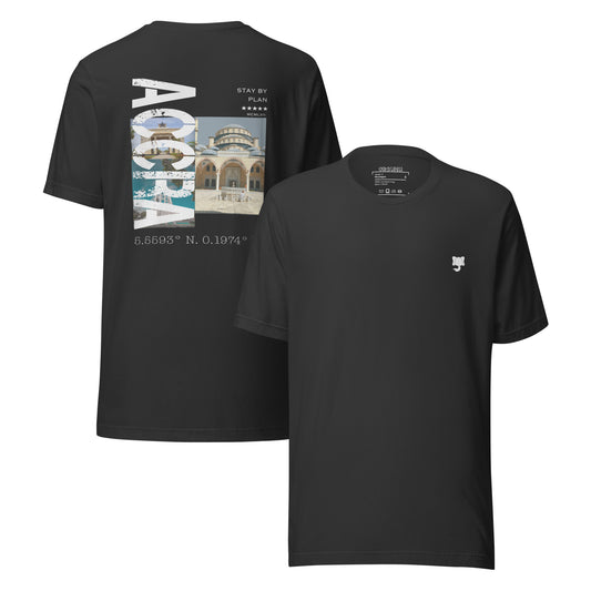 A dark grey t-shirt with 'ACCRA' written on the back in stylised lettering, featuring some iconic landmarks in Ghana Independence Square, kanda mosque, Kwame Nkrumah Memorial Park. With white Orsunu Logo on the left chest 