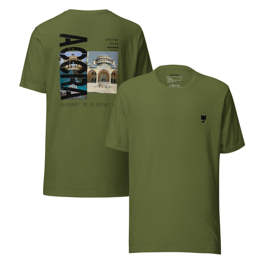 An olive green t-shirt with 'ACCRA' written on the back in black stylised lettering, featuring some iconic landmarks in Ghana Independence Square, kanda mosque, Kwame Nkrumah Memorial Park. With black Orsunu Logo on the left chest 