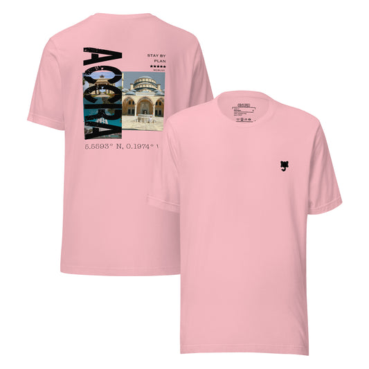 A soft pink t-shirt with 'ACCRA' written on the back in black stylised lettering, featuring some iconic landmarks in Ghana Independence Square, kanda mosque, Kwame Nkrumah Memorial Park. With black Orsunu Logo on the left chest 