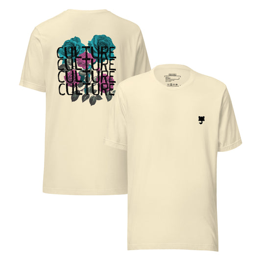 A Natural Yellow t-shirt with 'CULTURE' written across the back in stylised lettering, featuring 5 roses 2 blue and 3 pink on it. With Orsunu Logo at the left chest area