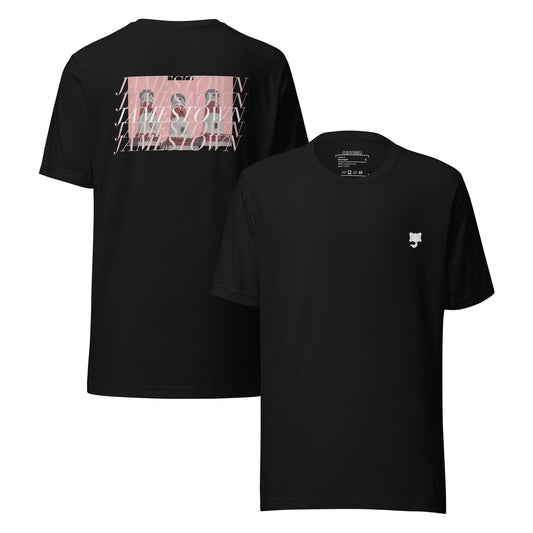 A black t-shirt with graphic design of the iconic Jamestown Lighthouse in Accra, Ghana and “JAMESTOWN” written on the back in soft pink and white stylised lettering and white Orsunu Logo on the left chest..