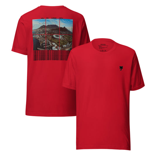 A red t-shirt with iconic table top mountain of South Africa with “LAND OF AMAPIANO” written below it on the back in black stylised lettering and black Orsunu Logo on the left chest..