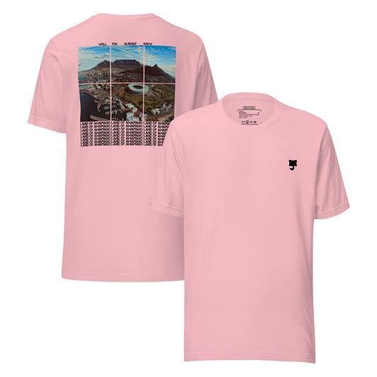 A Soft Pink t-shirt with iconic table top mountain of South Africa with “LAND OF AMAPIANO” written below it on the back in black stylised lettering and black Orsunu Logo on the left chest..