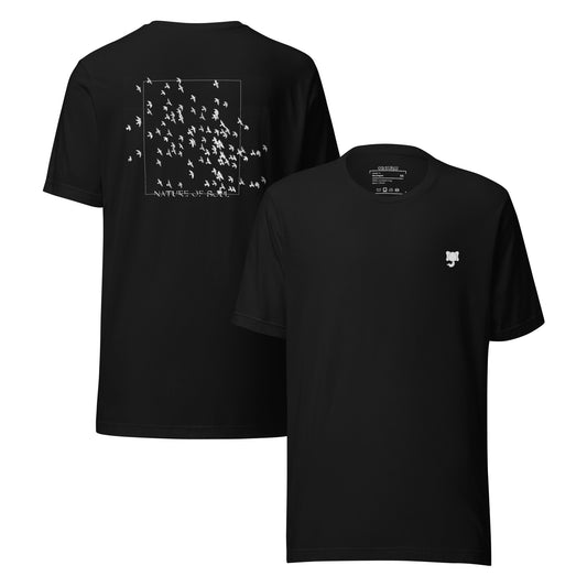 A black t-shirt with graphic design of flying doves and “NATURE OF SOUL” written below it on the back in black stylised lettering and white Orsunu Logo on the left chest..