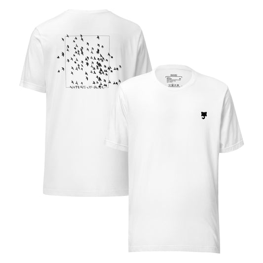 A white t-shirt with flying doves and “NATURE OF SOUL” written below it on the back in black stylised lettering and black Orsunu Logo on the left chest..