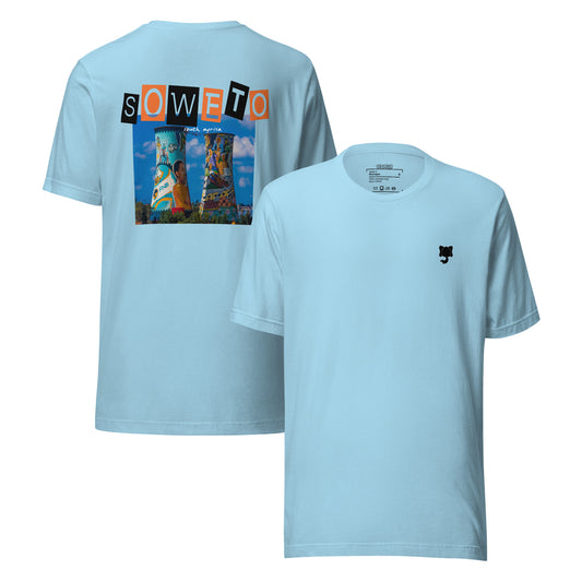 An ocean blue t-shirt with “SOWETO” written on the back in black and orange stylised lettering, featuring the iconic Soweto Towers and black Orsunu Logo on the left chest..