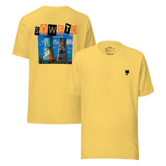 A yellow t shirt with “SOWETO” written on the back in black and orange stylised lettering, featuring the iconic Soweto Towers and black Orsunu Logo on the left chest..