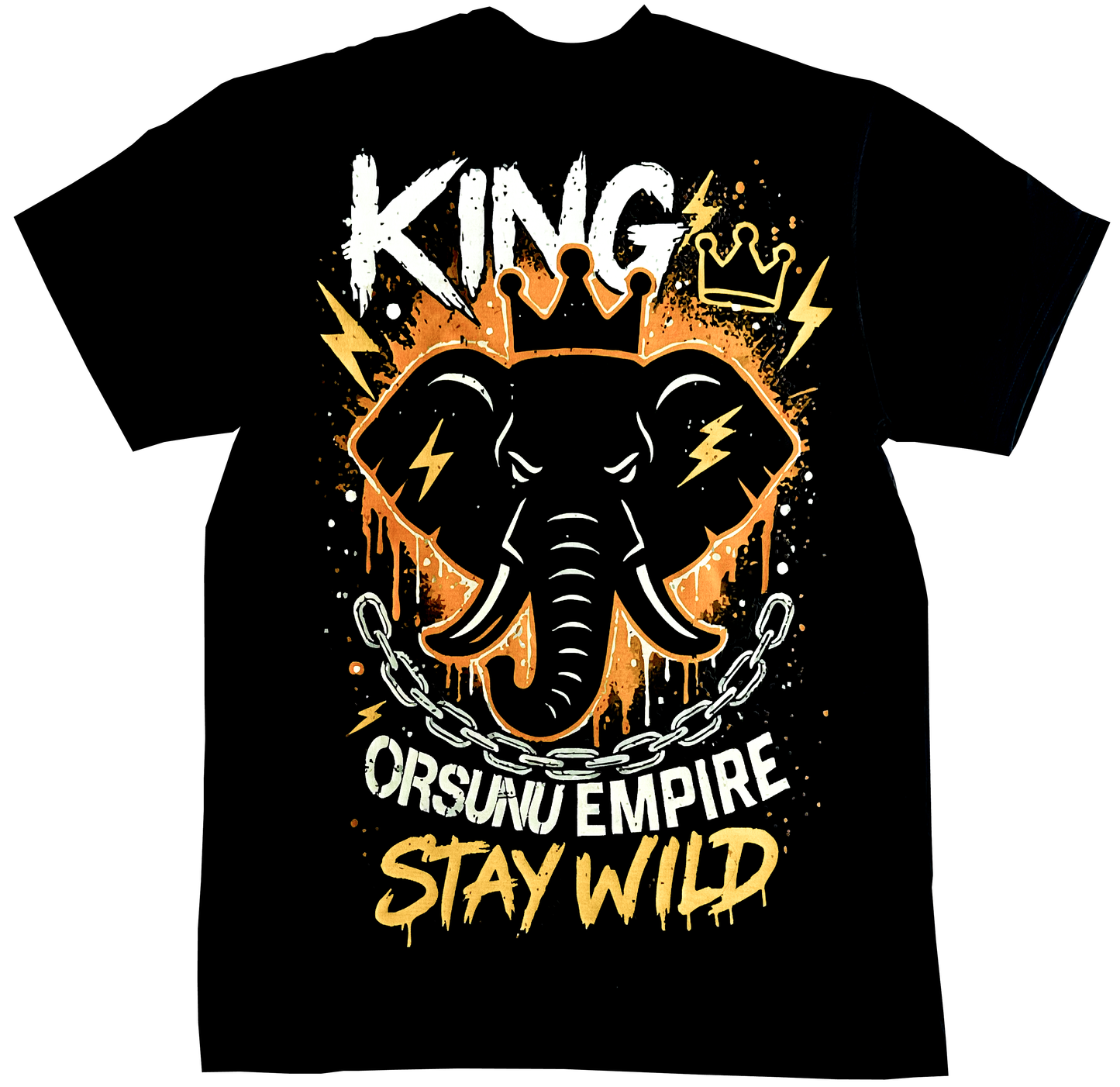 Black t-shirt with an elephant graphic design and Orsunu text 