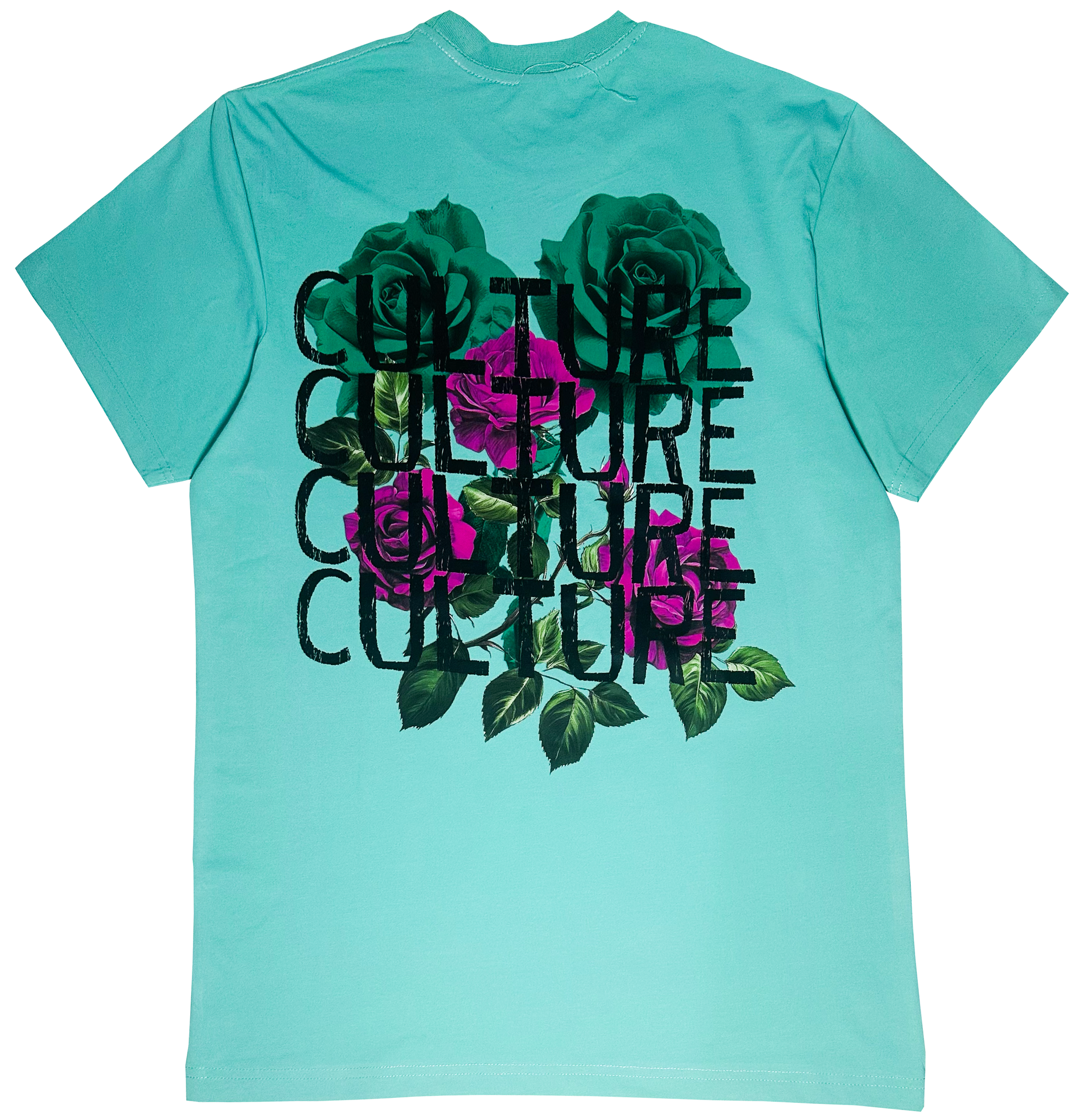 Turquoise t-shirt with 'CULTURE' text and floral designs 