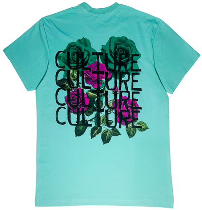 Turquoise t-shirt with 'CULTURE' text and floral designs 