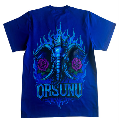 Blue t-shirt with elephant and rose design with orsunu text