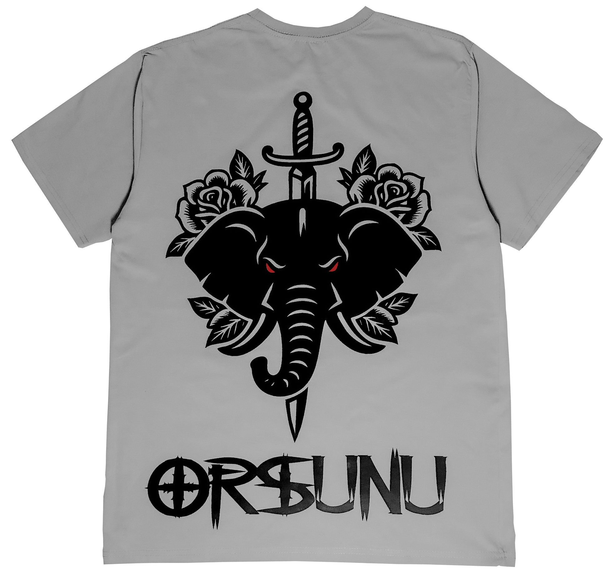 Gray t-shirt with black elephant design and 'Orsunu' text on a white background